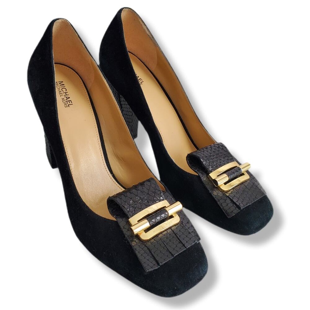 Michael Kors Black Suede Gloria Kiltie Fringe Heel Shoe 11 Career Elegant Luxury - Picture 2 of 11